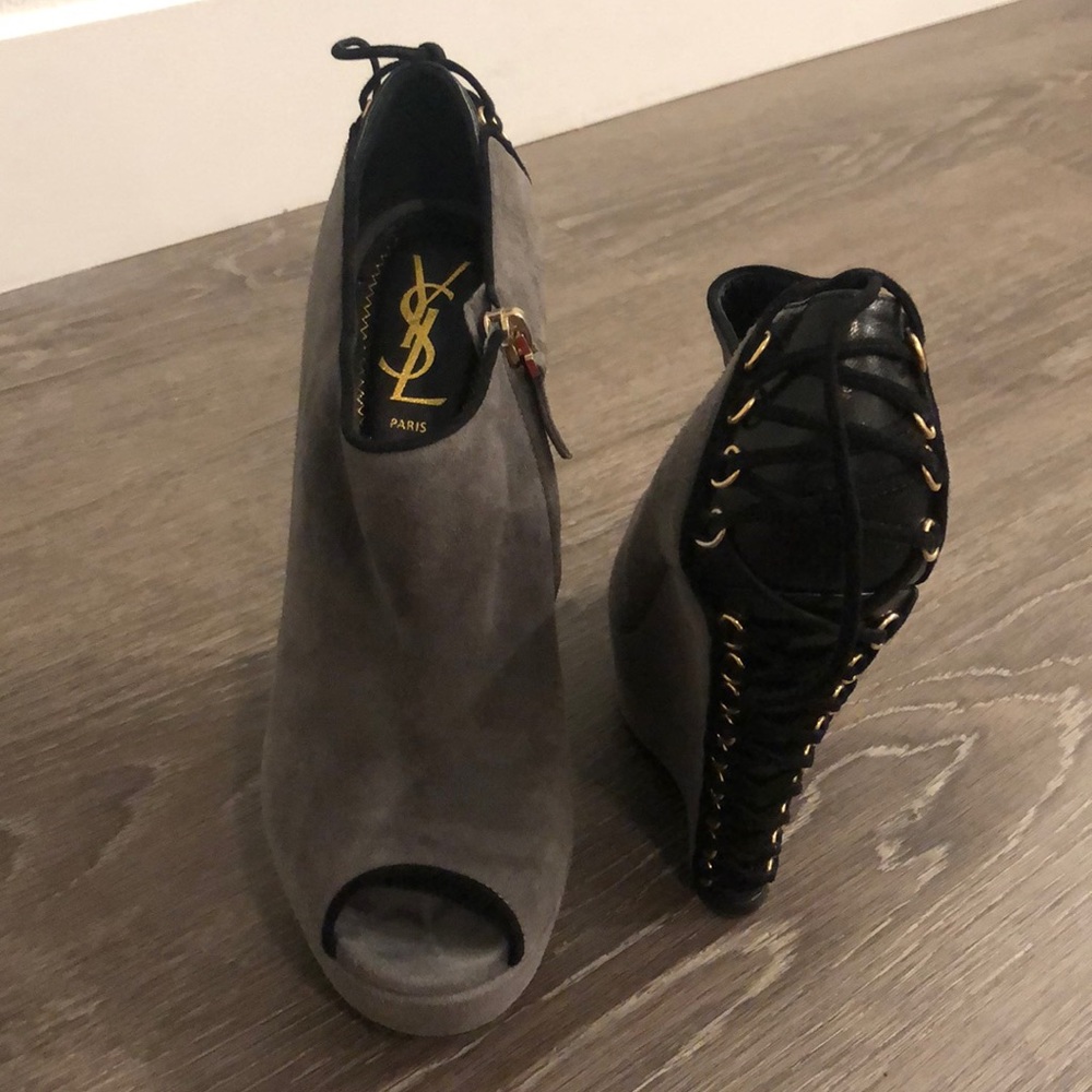 Gray suede YSL lace up back wedge